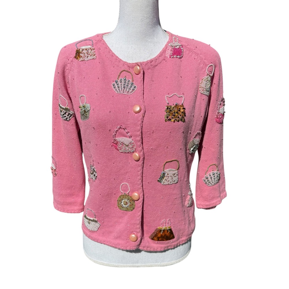 Michael Simon Pink Beaded Purse Novelty Cardigan Sweater Women S Ramie Cotton